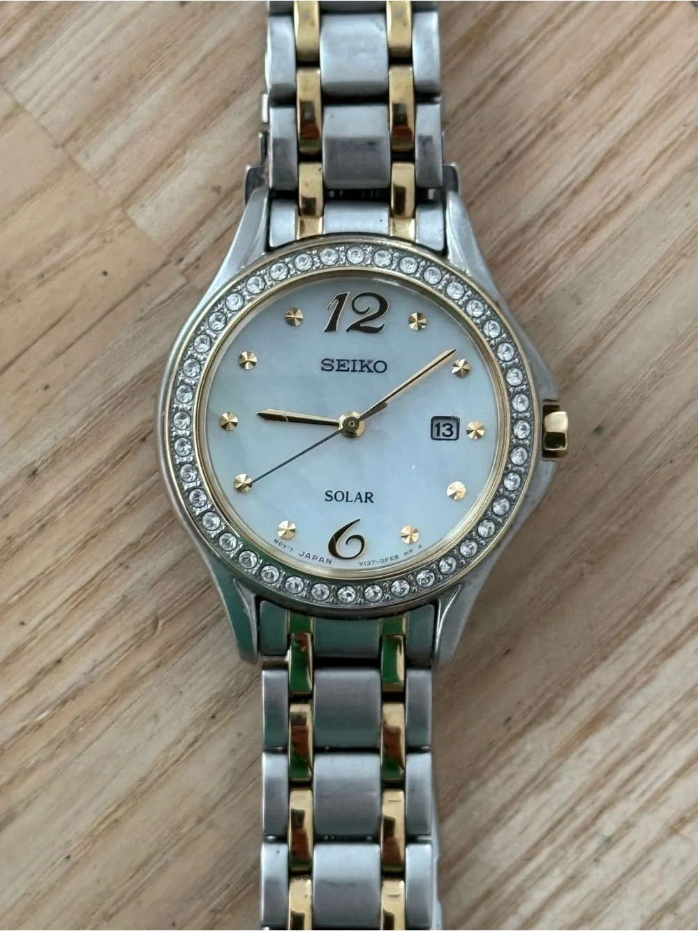 Seiko Solar Ladies Watch Pearl Dial Swarovski Crystals Two-Tone Bracelet Date